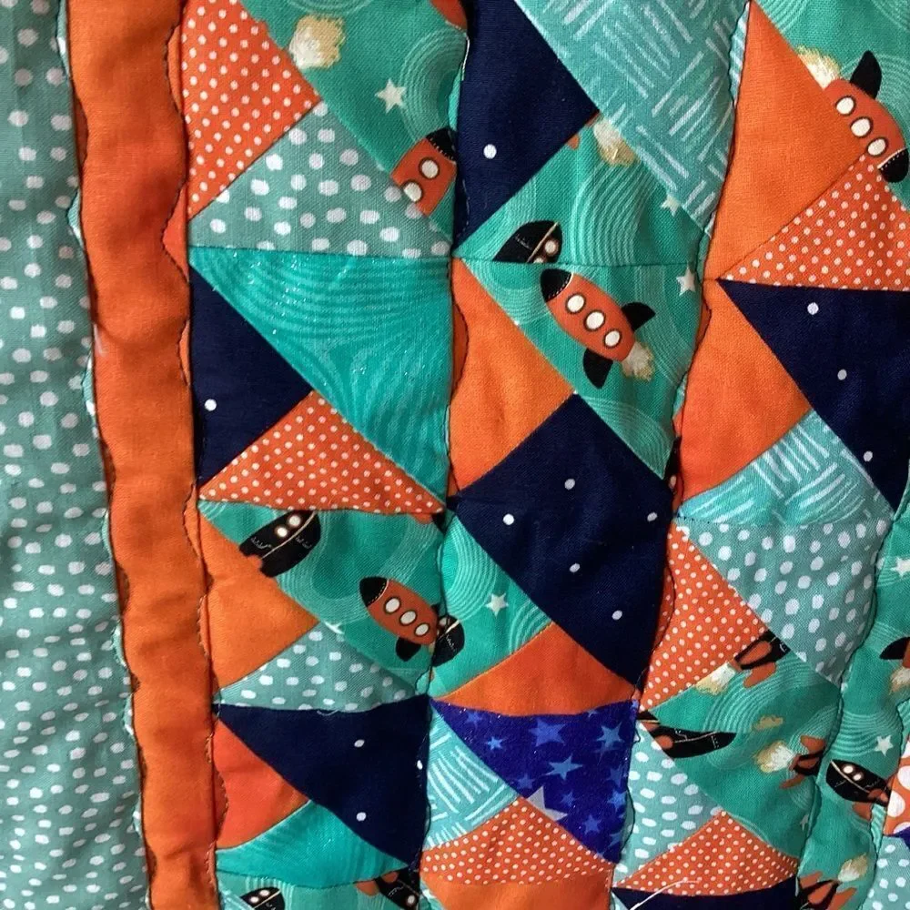 NWT. Hand Crafted To The Moon RocketshipColorful Patchwork Quilt w/ Teddy Quilt